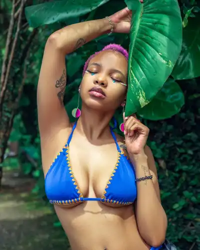 Singer Ceee Sexy Poses in a Blue Bikini Outfit in Photoshoot by Bash Mutumba